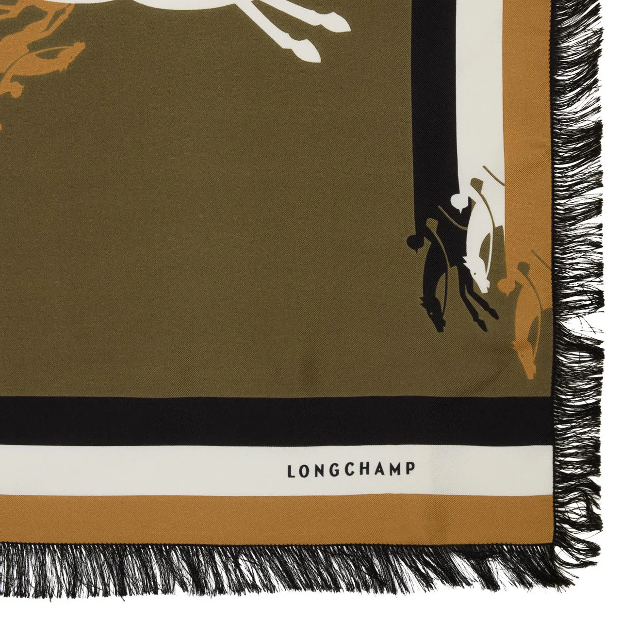 LONGCHAMP Horse Fringe Silk Scarf - Khaki