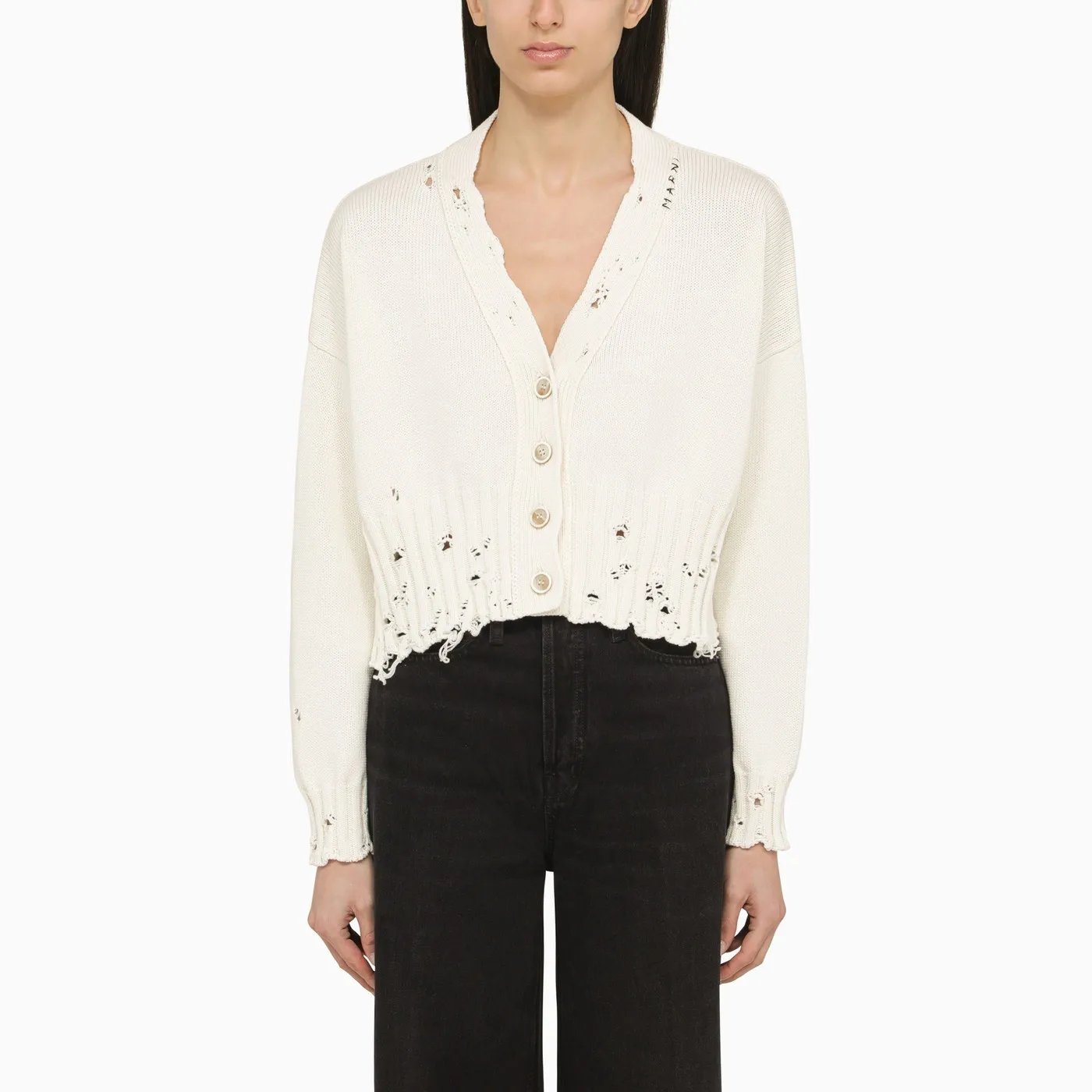 MARNI  |White dishevelled cotton cropped cardigan