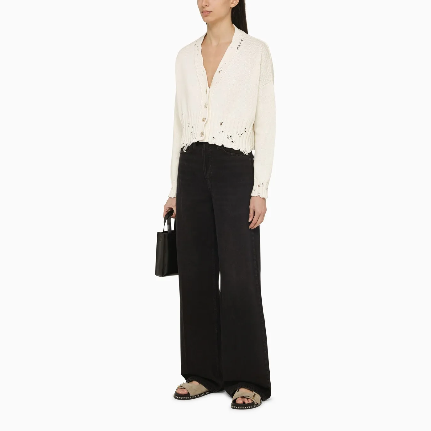 MARNI  |White dishevelled cotton cropped cardigan