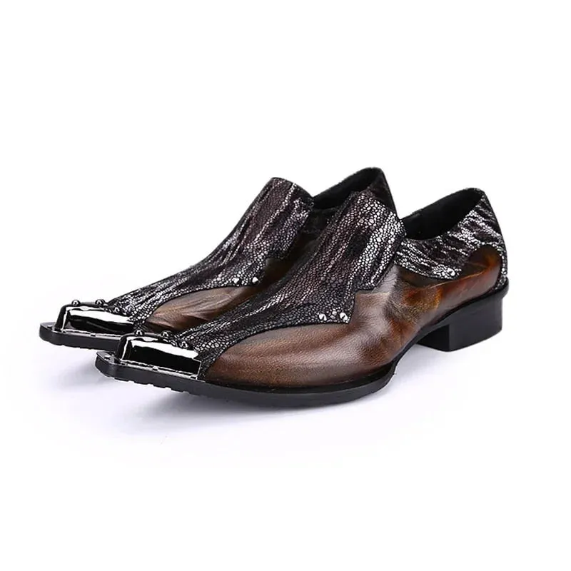 Men's Japanese Pointed Toe Genuine Leather Low Heel Slip-On Dress Shoes