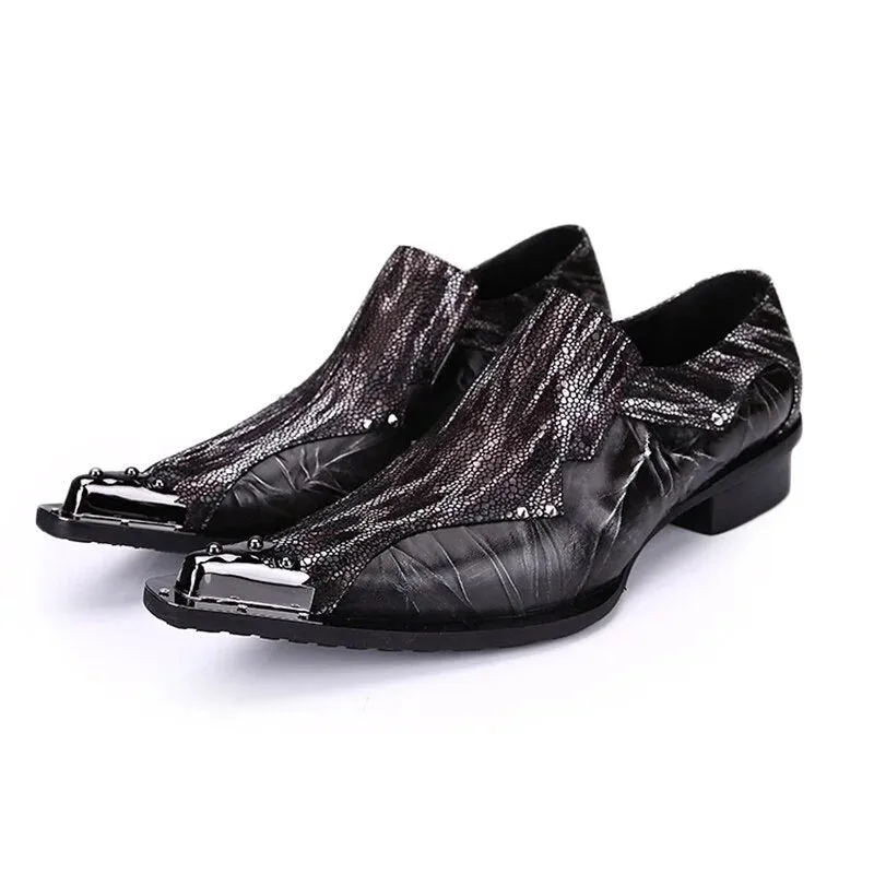 Men's Japanese Pointed Toe Genuine Leather Low Heel Slip-On Dress Shoes