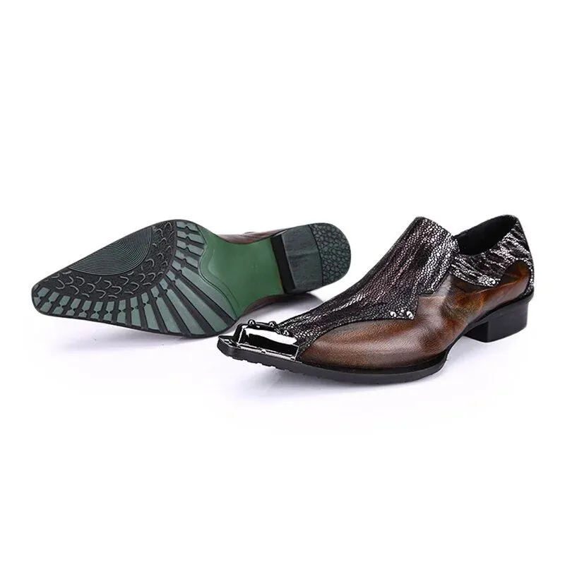 Men's Japanese Pointed Toe Genuine Leather Low Heel Slip-On Dress Shoes