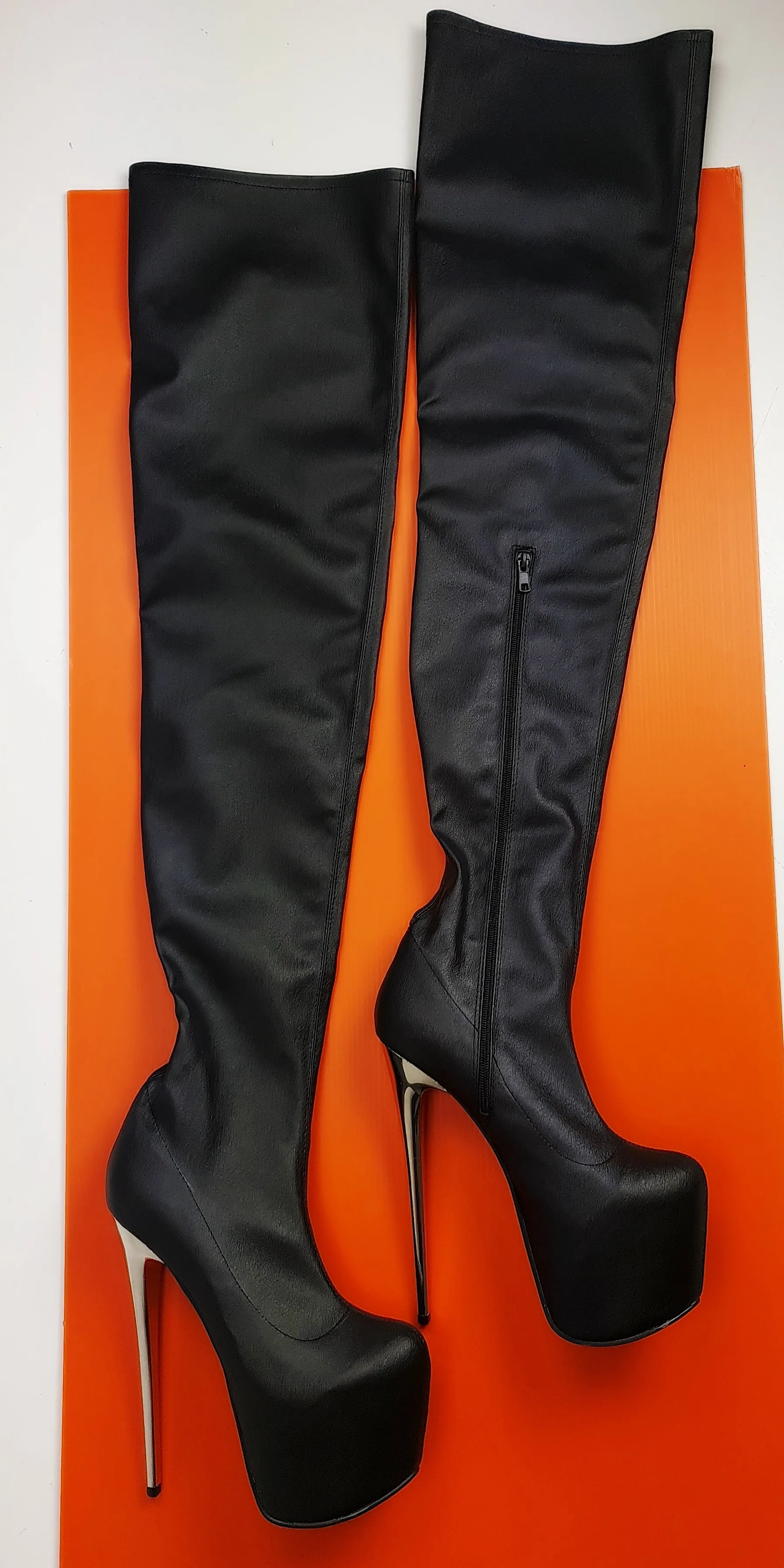 Metallic Heel Black Matte High Heel Thigh Boots