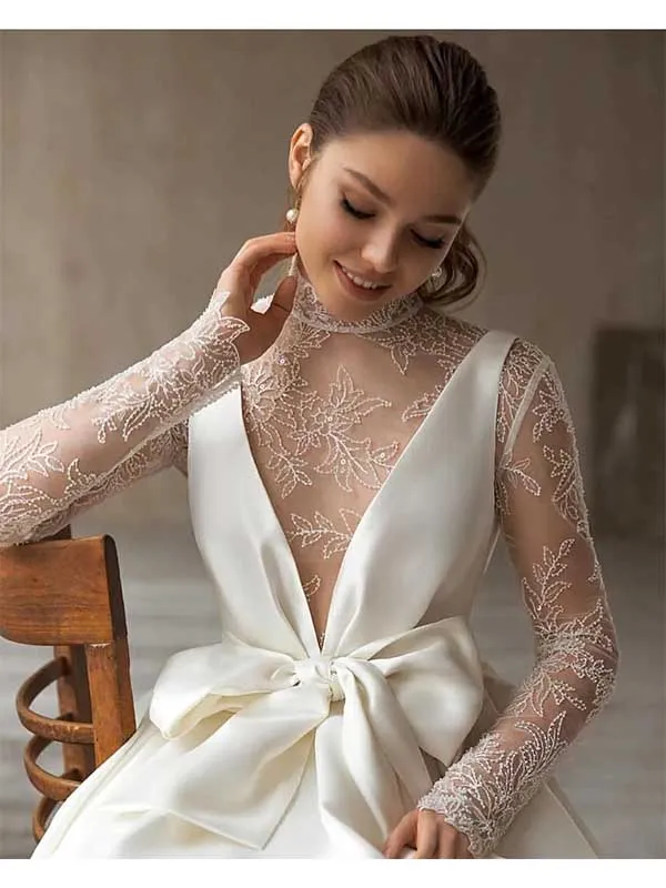 Modest High Neck Satin Tulle Lace Long Sleeves Wedding Dress with Bow, WD0516