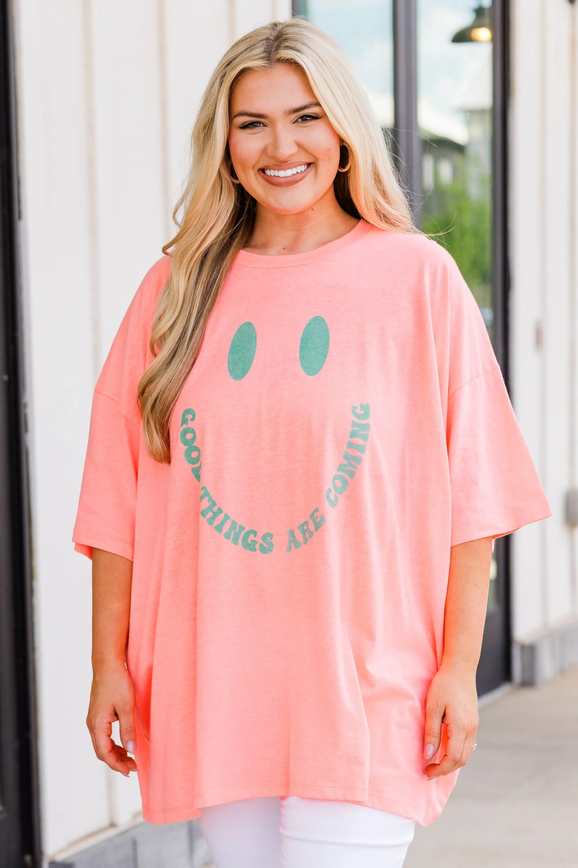 Only Good Things Boyfriend Tee, Neon Coral Pink