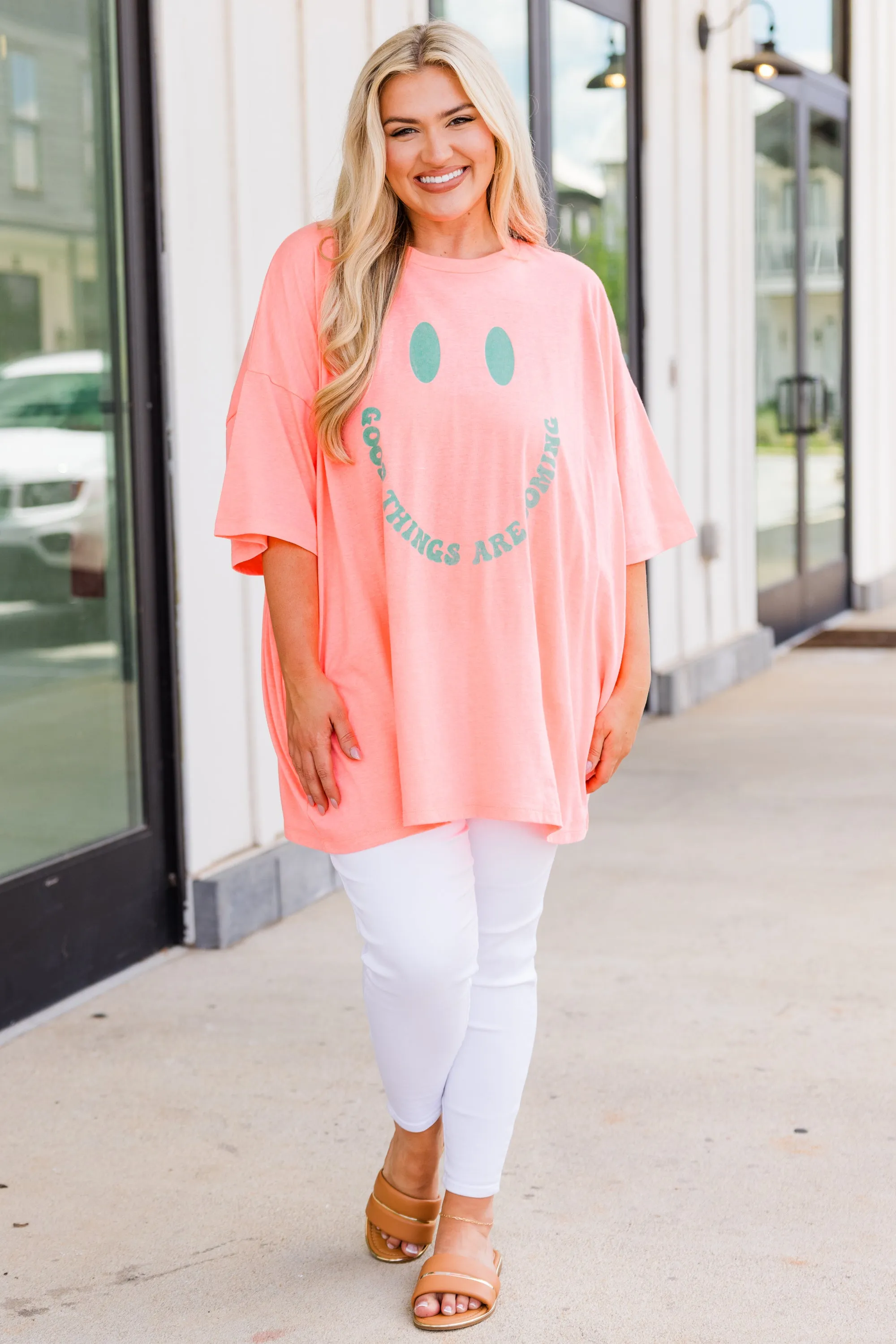 Only Good Things Boyfriend Tee, Neon Coral Pink