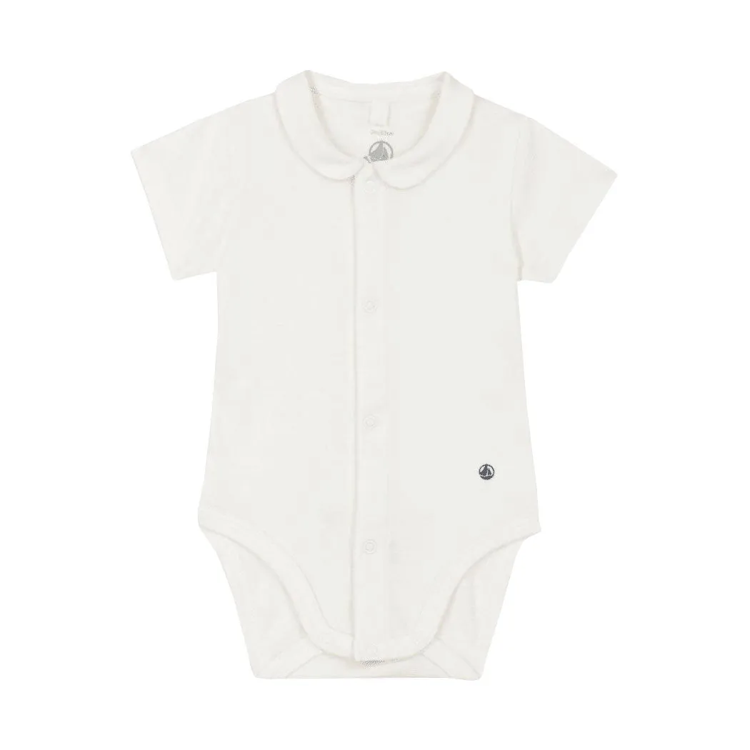 Petit Bateau Baby Short Sleeve Bodysuit Onesie With Collar - White