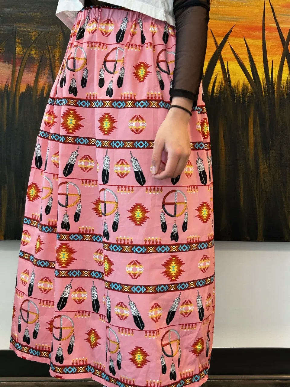 Pink Feather Print Ribbon Skirt