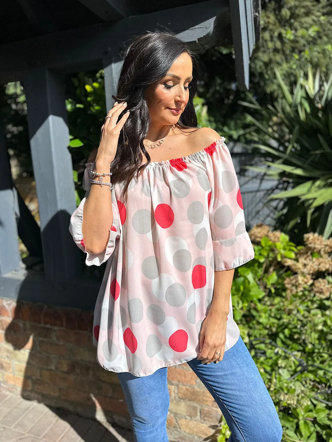 Pink Polka Dot Frill Sleeve Bardot Sandy