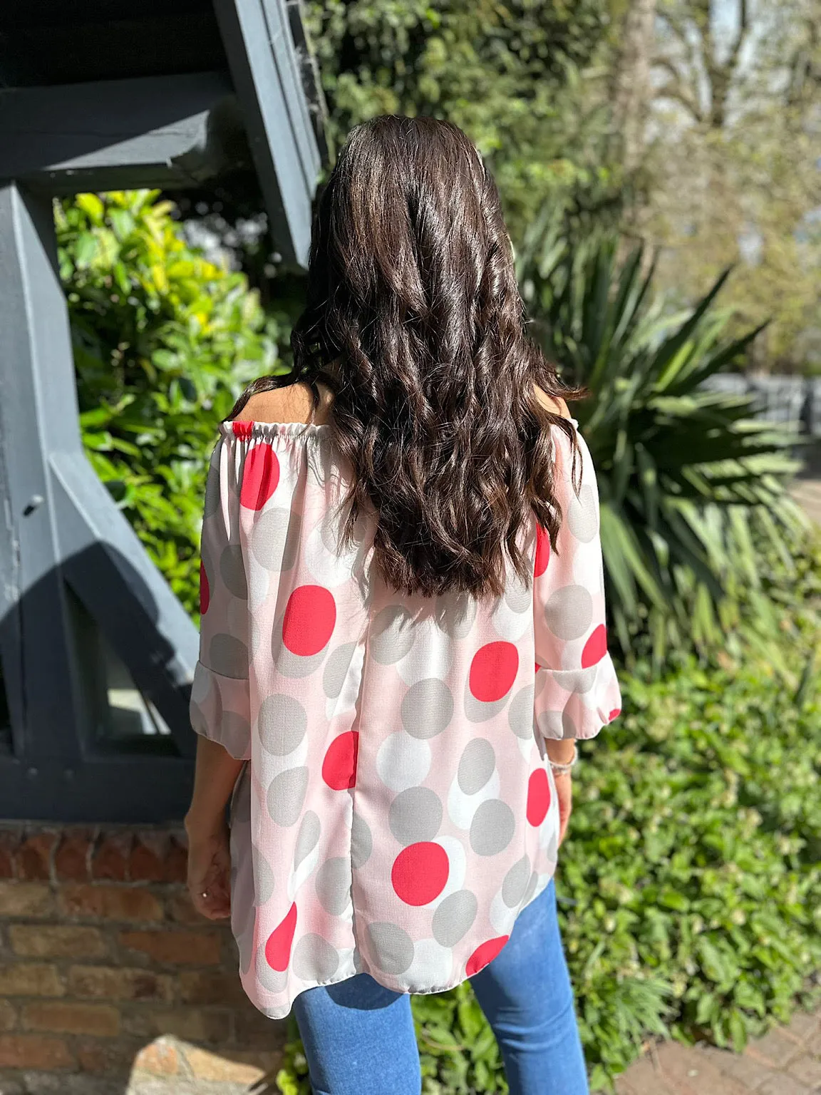 Pink Polka Dot Frill Sleeve Bardot Sandy