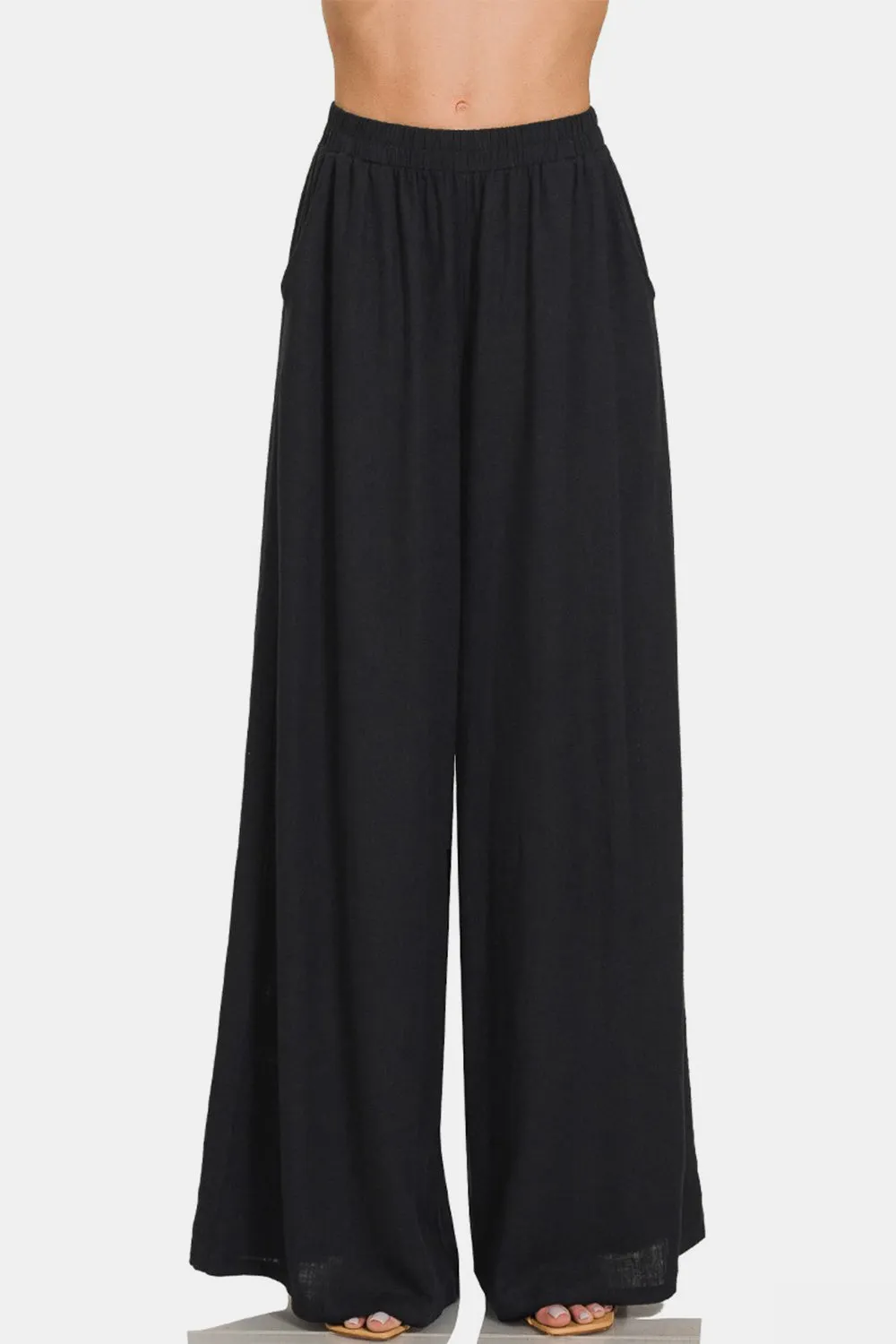 Pleated Linen Blend Wide Leg Pants in Black