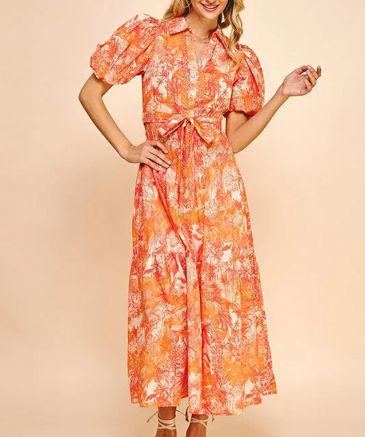 Printed Button Down Maxi Dress - Orange Multi