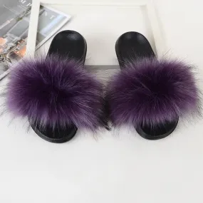 Purple Summer Real Fur Slides Fluffy Flat House Slippers for Women