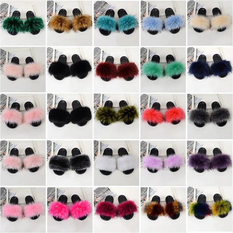 Purple Summer Real Fur Slides Fluffy Flat House Slippers for Women