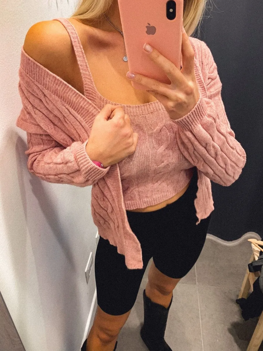 Set Cardigan e Top rosa a trecce