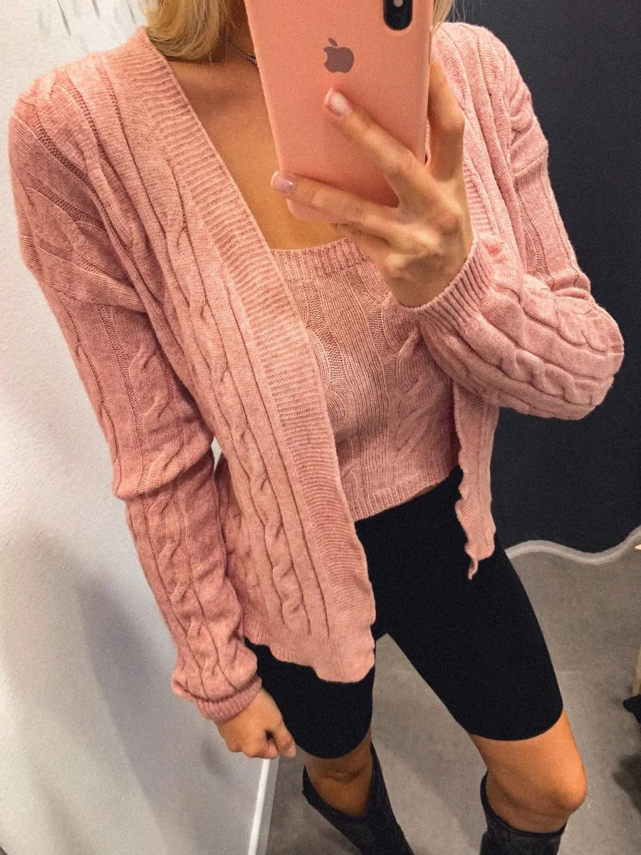 Set Cardigan e Top rosa a trecce