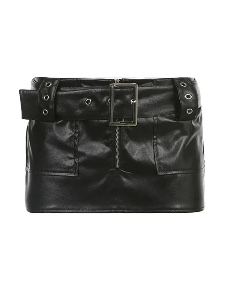 Sexy Slim Pu Leather Below The Navel With Sashes Cool Retro Zipper Mini Skirt