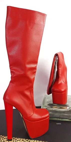 Square Nose Red Chunky Heel Mid Calf Boots