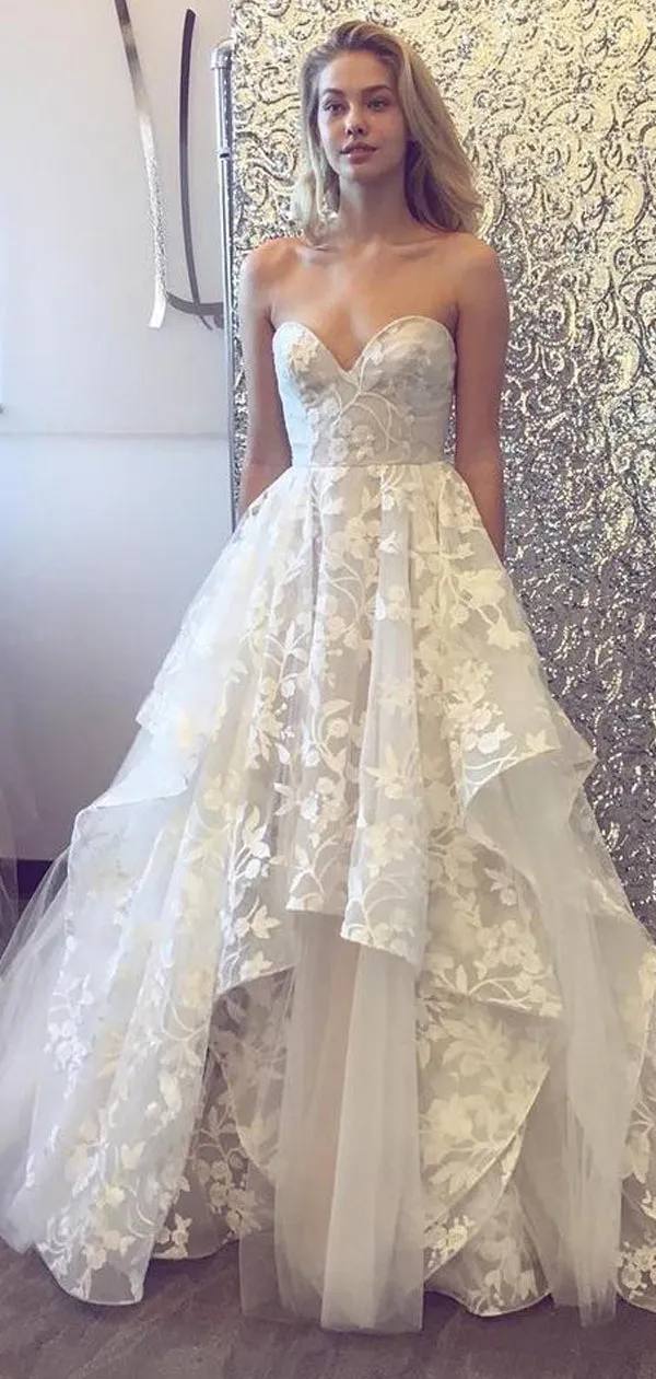 Sweetheart Strapless Lace Tulle Ruffles With Train Wedding Dresses,DB0161