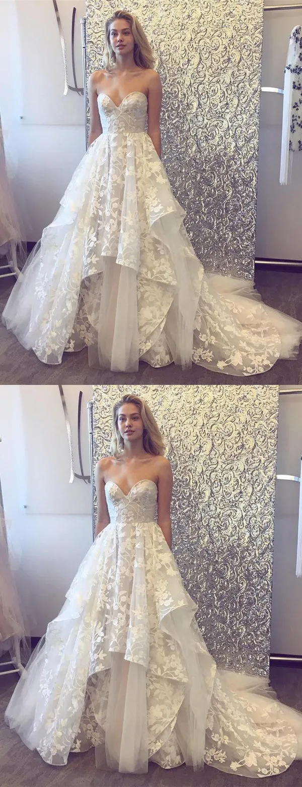 Sweetheart Strapless Lace Tulle Ruffles With Train Wedding Dresses,DB0161