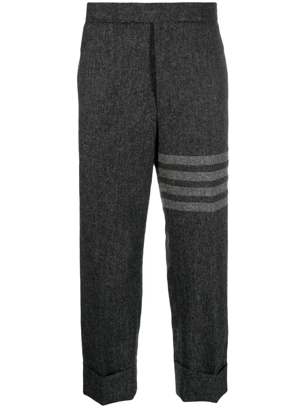 THOM BROWNE Men's Grey Tweed Drop-Crotch Trousers with Signature Stripe and Cropped Leg