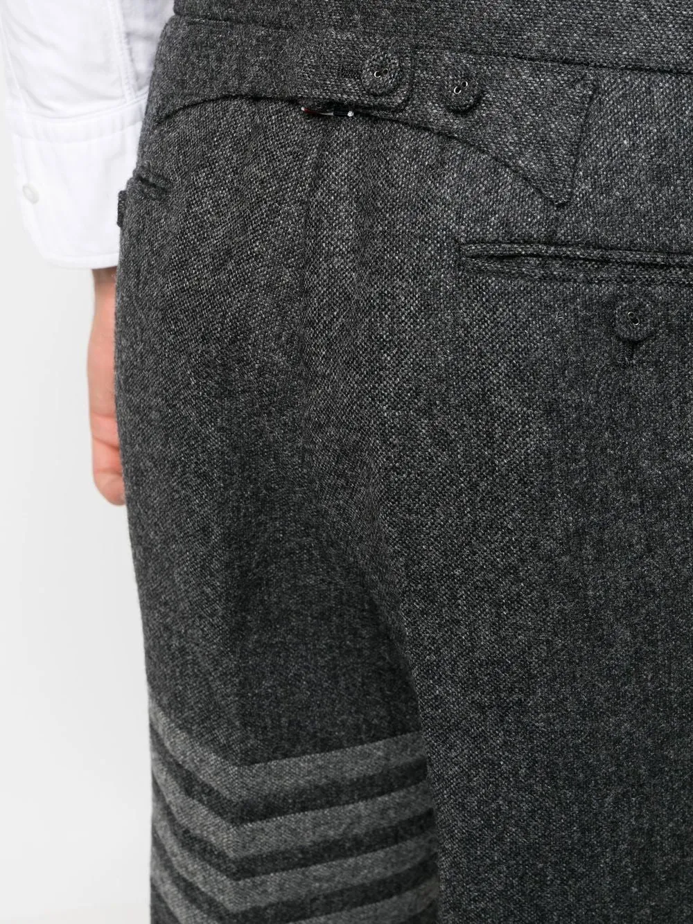 THOM BROWNE Men's Grey Tweed Drop-Crotch Trousers with Signature Stripe and Cropped Leg