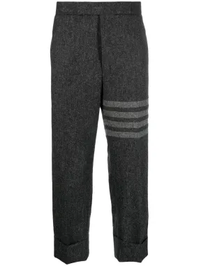 THOM BROWNE Men's Grey Tweed Drop-Crotch Trousers with Signature Stripe and Cropped Leg