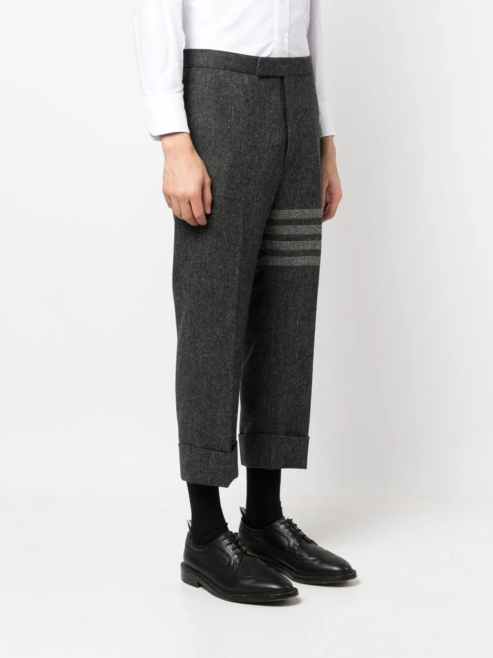 THOM BROWNE Men's Grey Tweed Drop-Crotch Trousers with Signature Stripe and Cropped Leg