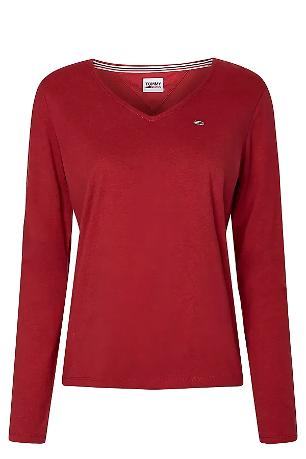 Tommy Hilfiger Women V-Neck L/S Organic Logo Tee Bordeaux