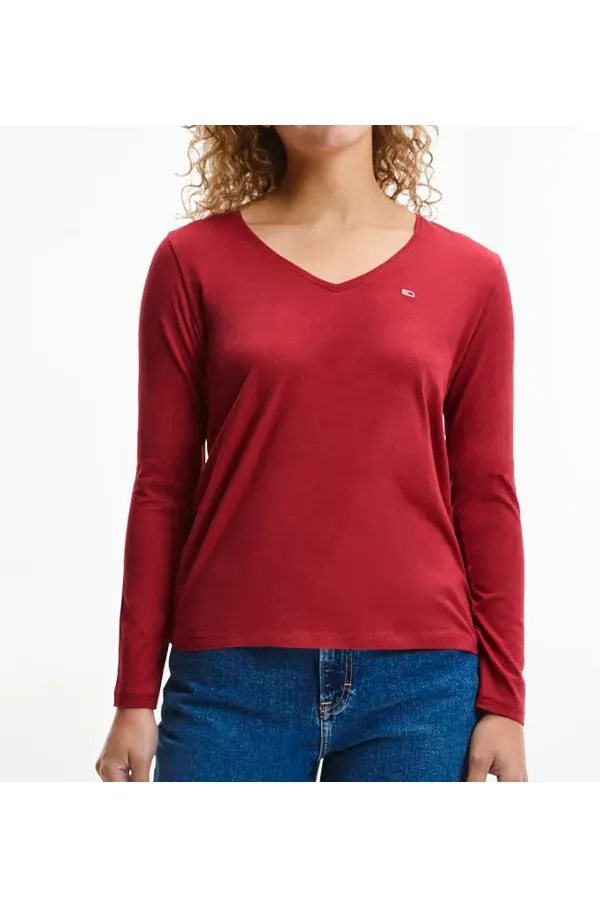 Tommy Hilfiger Women V-Neck L/S Organic Logo Tee Bordeaux