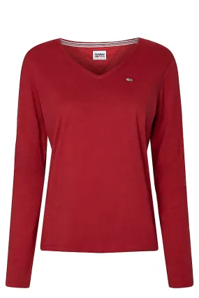 Tommy Hilfiger Women V-Neck L/S Organic Logo Tee Bordeaux