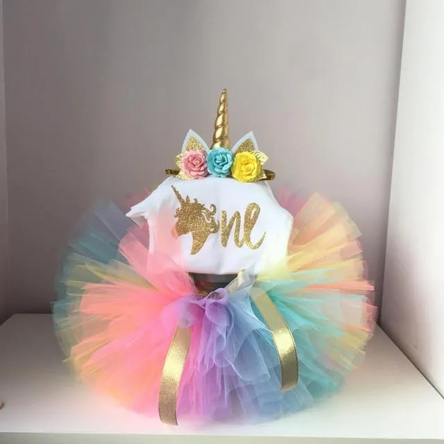 Unicorn 1st Year Birthday Princess Dress Bundle