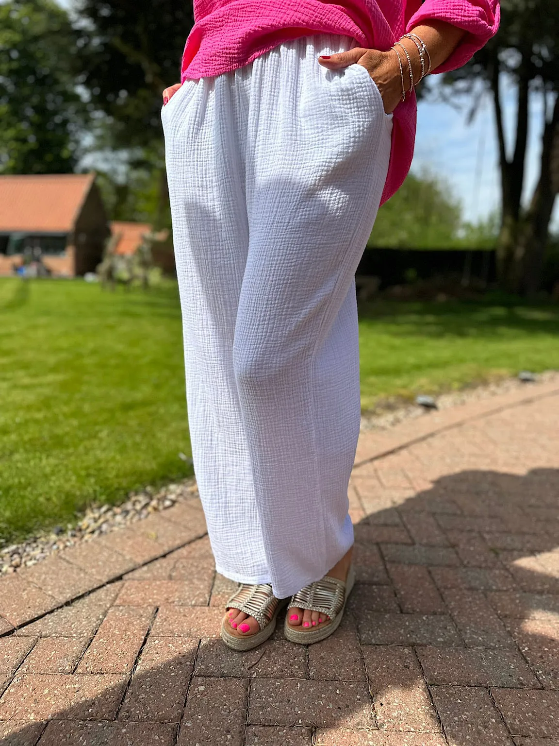 White Bubble Cotton Trousers