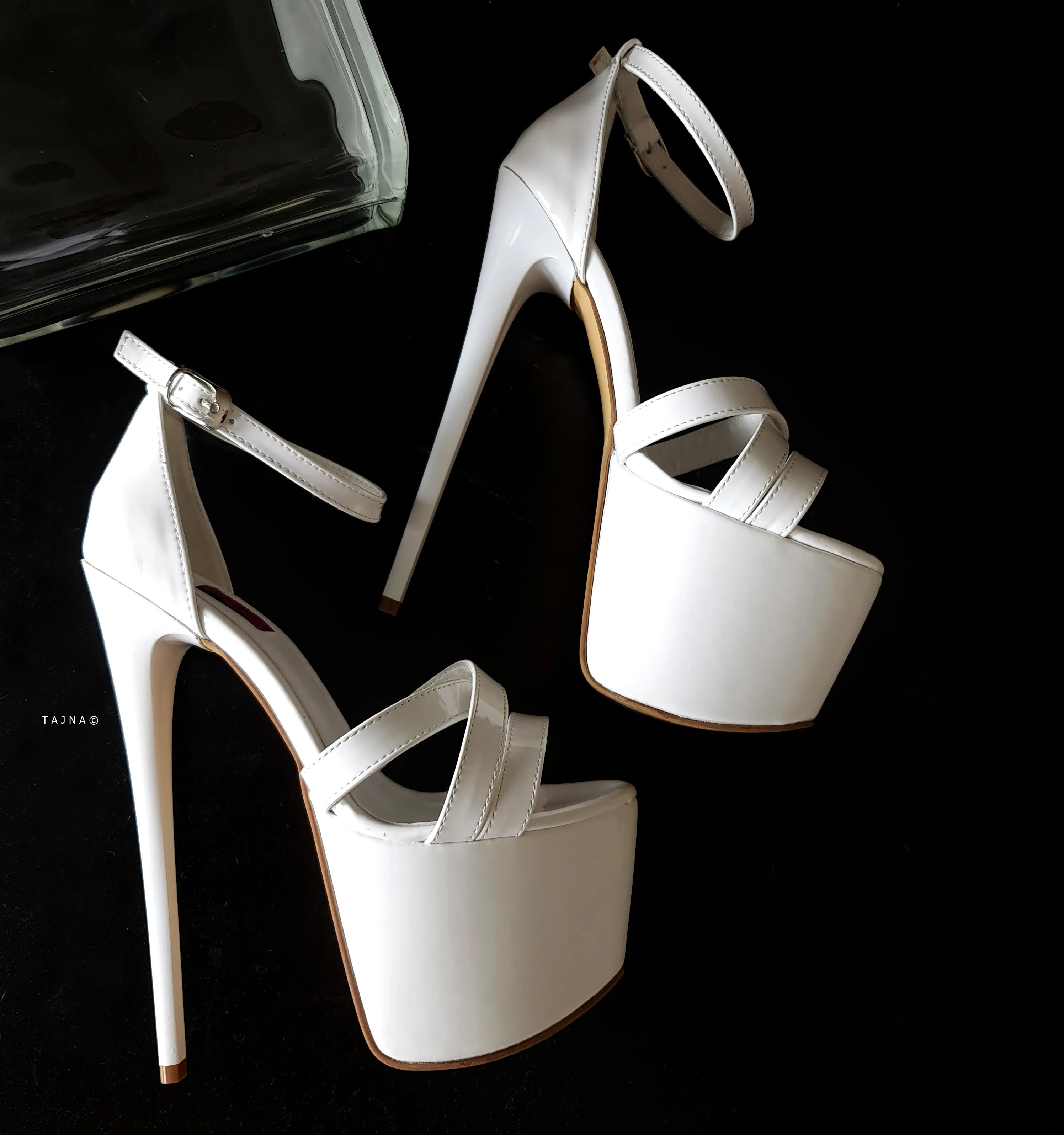 White Gloss Cross Strap High Heel Sandals