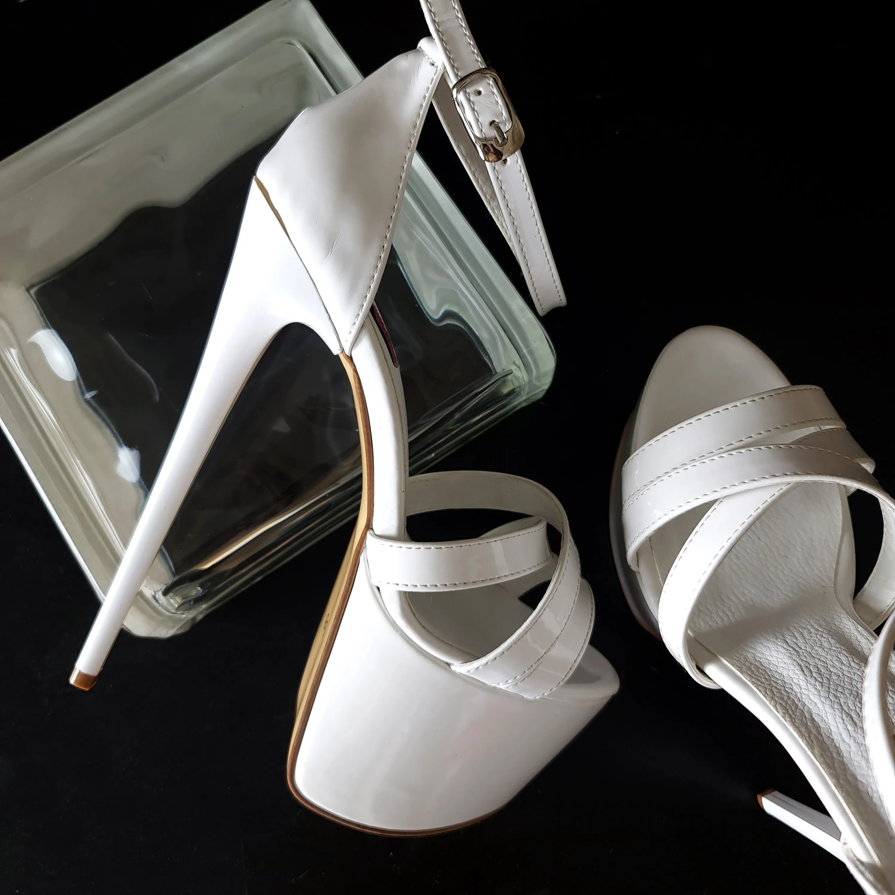 White Gloss Cross Strap High Heel Sandals