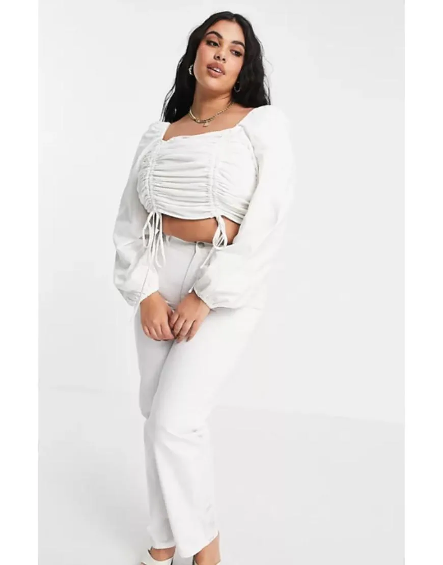 White Ruched Square Neck Crop Sweat Top