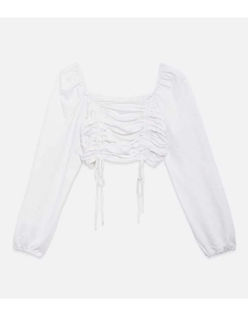 White Ruched Square Neck Crop Sweat Top