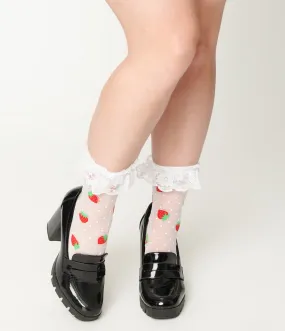 White Strawberry Dot Ruffled Ankle Socks