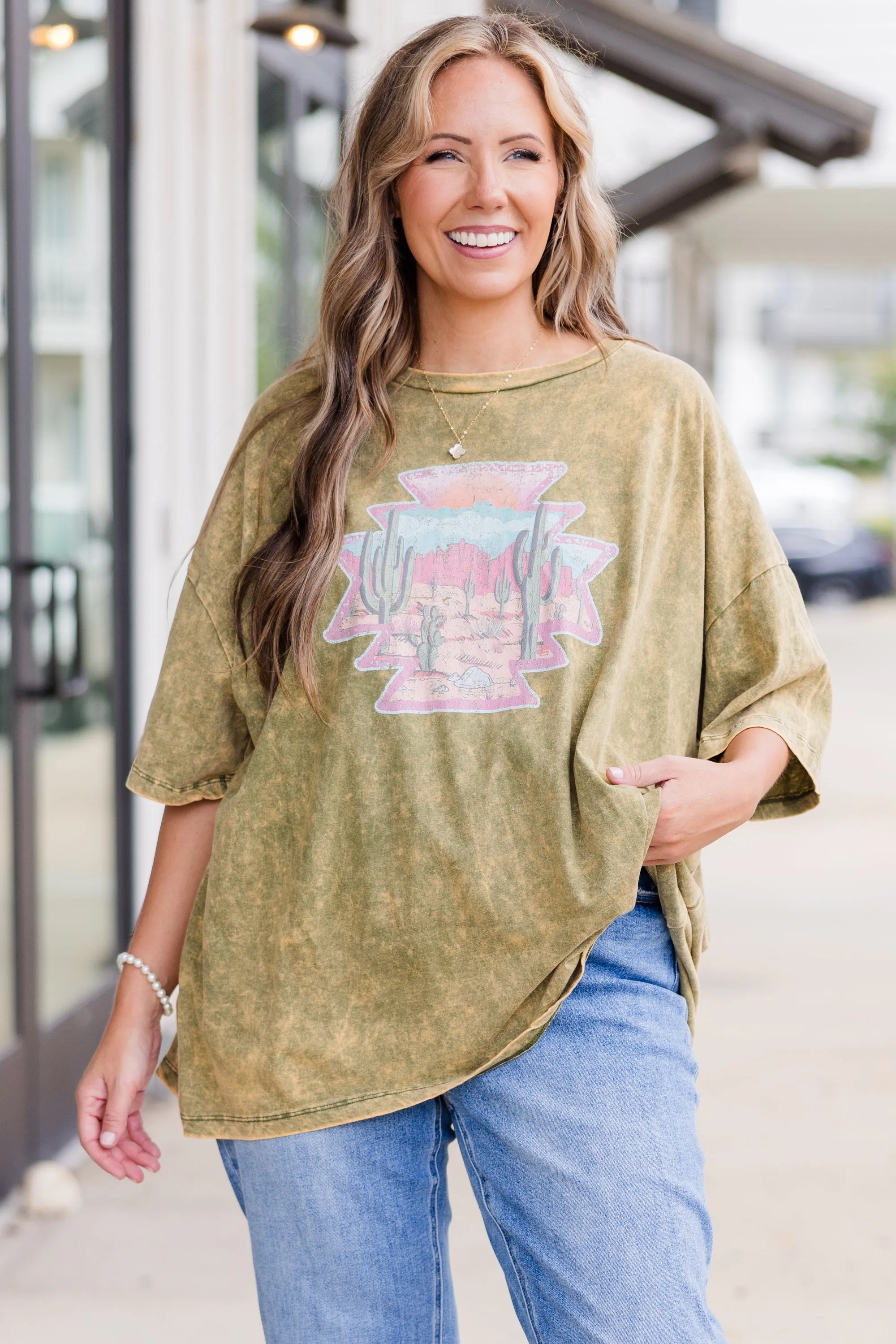 Wild Out Here Acid Wash Boyfriend Tee, Golden Olive