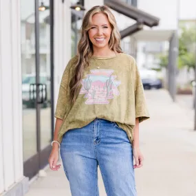 Wild Out Here Acid Wash Boyfriend Tee, Golden Olive