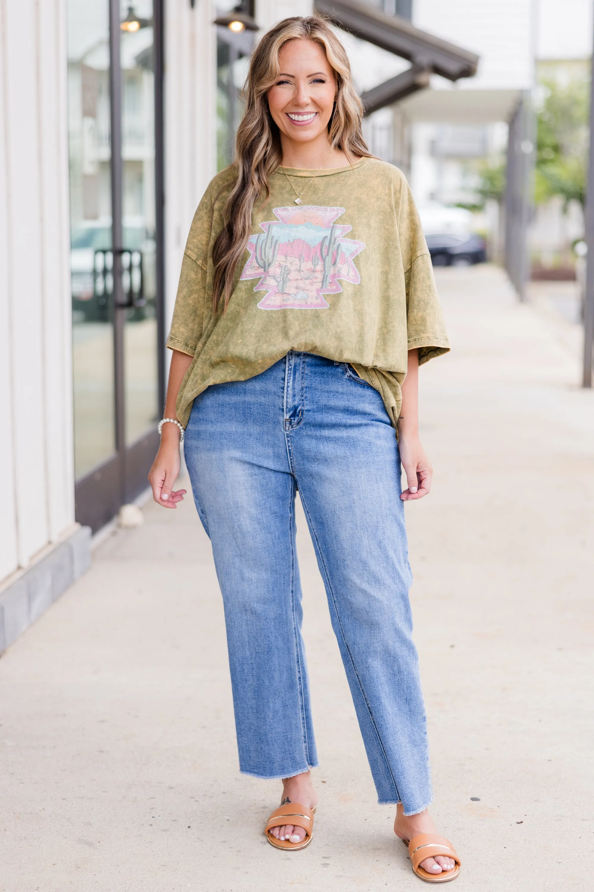 Wild Out Here Acid Wash Boyfriend Tee, Golden Olive