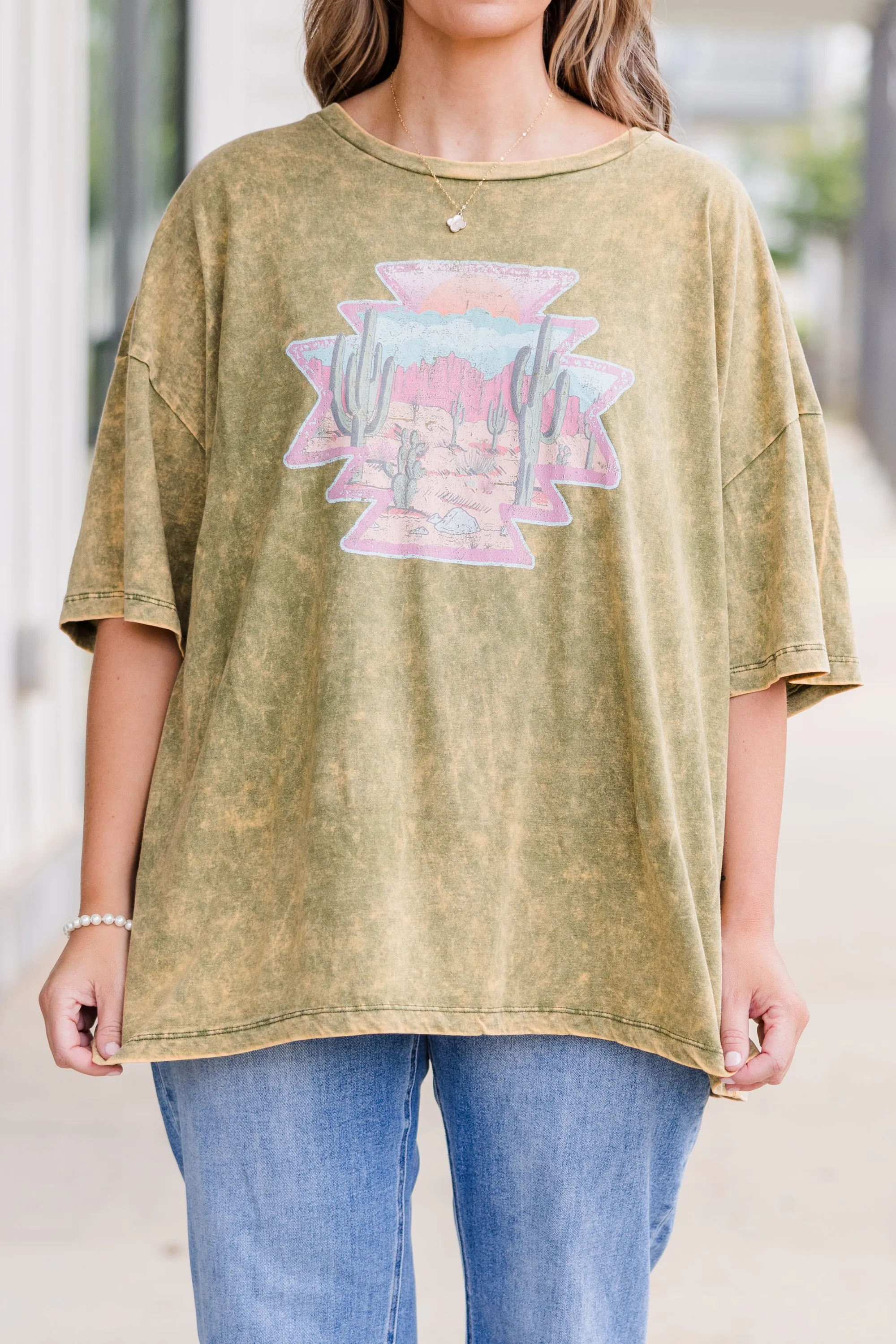 Wild Out Here Acid Wash Boyfriend Tee, Golden Olive