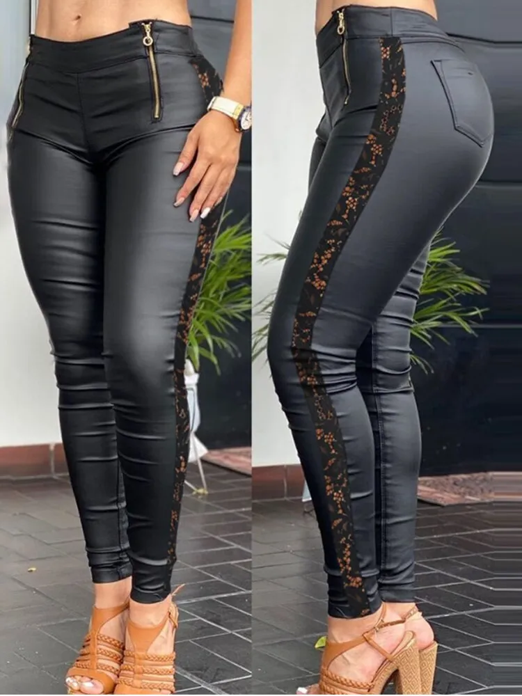 Women Faux PU Leather Pencil Pant Zipper Pocket Design Skinny Pants