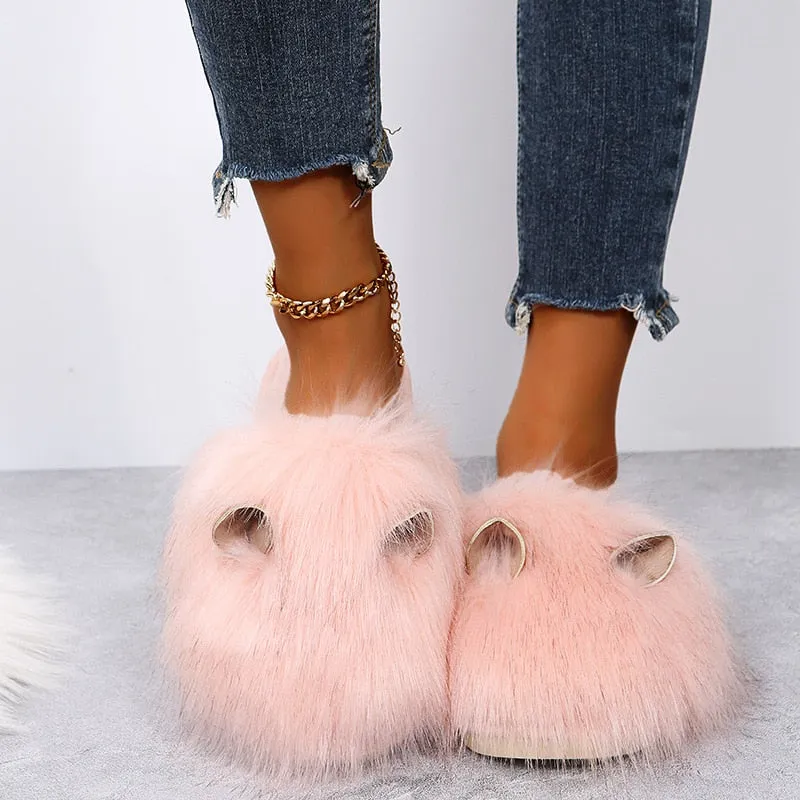 Women's Fashion Warm Winter Solid Fluffy Fur Plush House Slippers