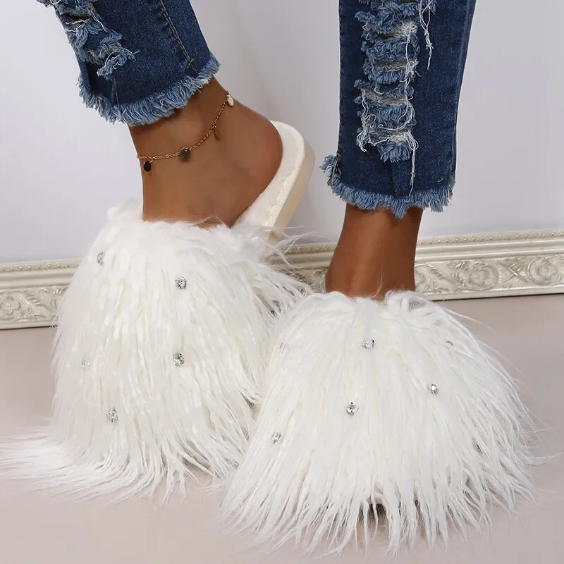 Women's Fashion Warm Winter Solid Fluffy Fur Plush House Slippers