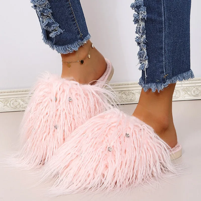 Women's Fashion Warm Winter Solid Fluffy Fur Plush House Slippers