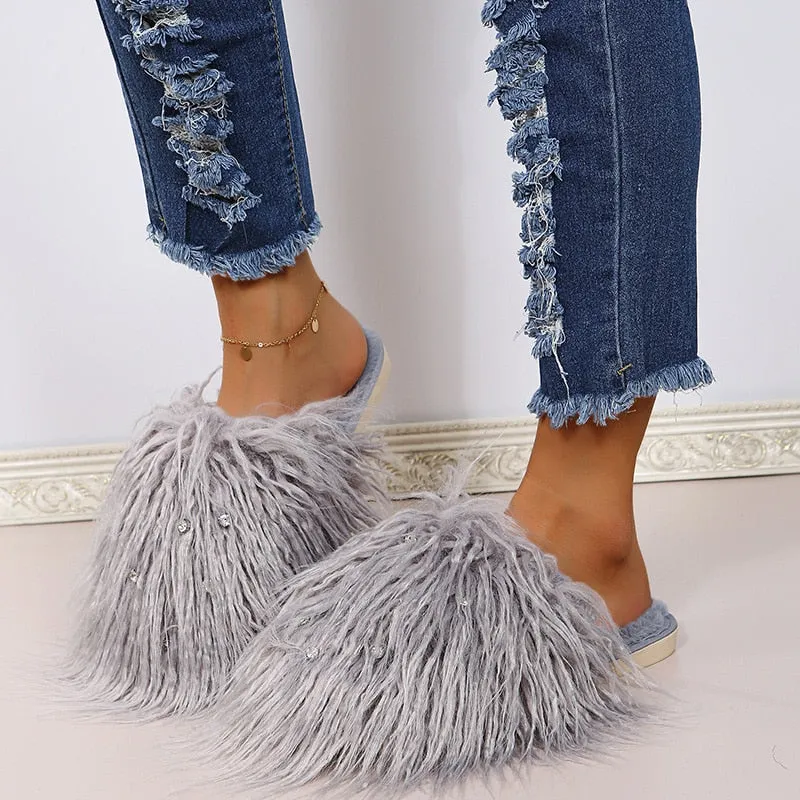 Women's Fashion Warm Winter Solid Fluffy Fur Plush House Slippers