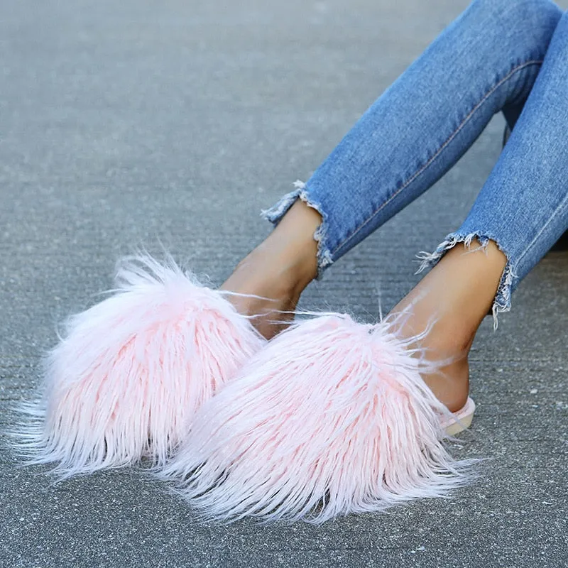 Women's Fashion Warm Winter Solid Fluffy Fur Plush House Slippers