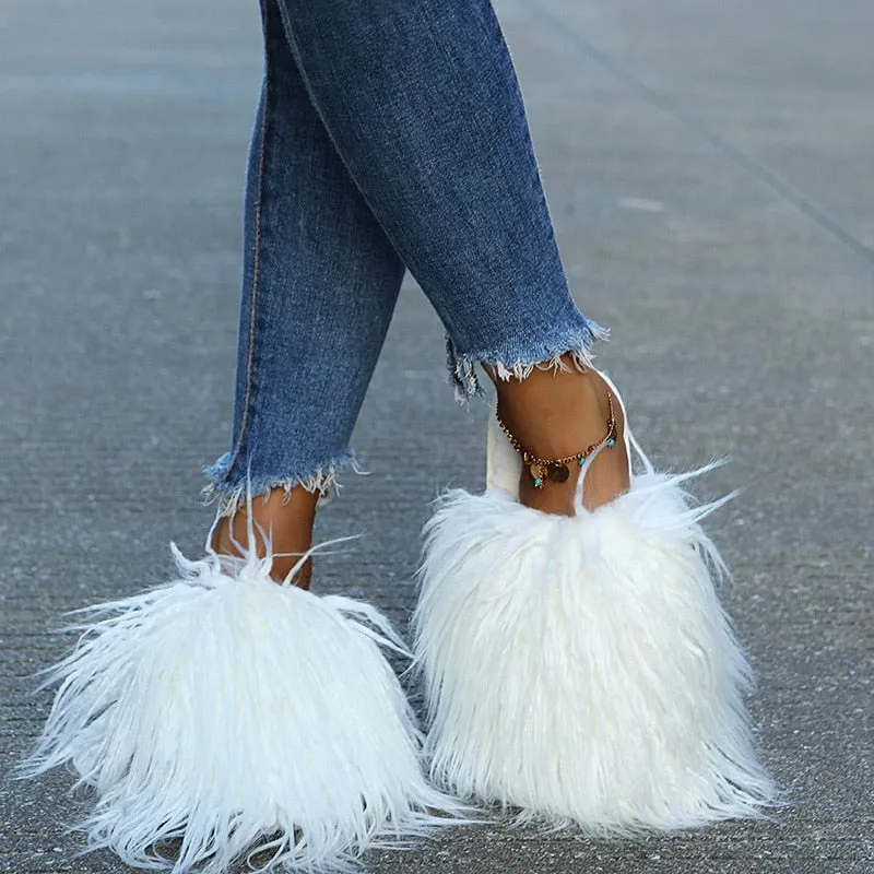 Women's Fashion Warm Winter Solid Fluffy Fur Plush House Slippers