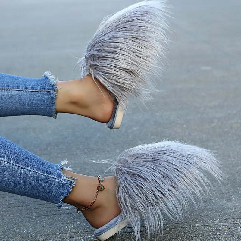 Women's Fashion Warm Winter Solid Fluffy Fur Plush House Slippers